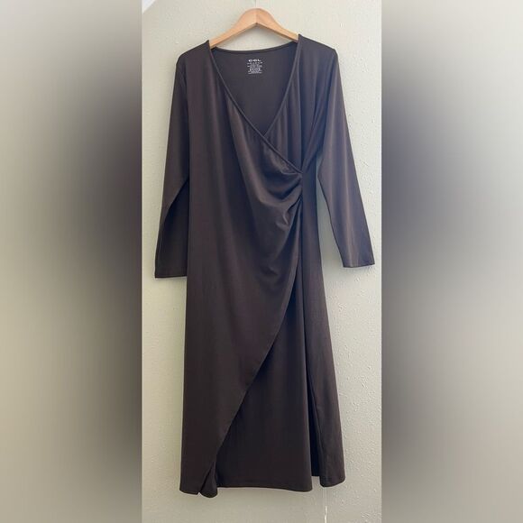 NWT OGL Light Cotton Rib Faux Wrap Light Cotton Midi Dress - Hazelnut Coco - Picture 2 of 10